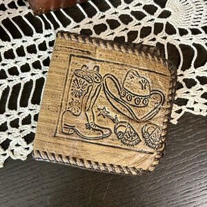 Vintage Hand Tooled Leather Bifold Wallet Western Cowboy Boots Hat‎ Western Art